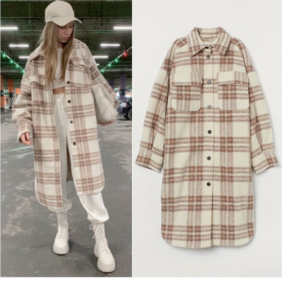*Blogger Favorite* H&M Long Dusty Rose Plaid Wool Blend Oversized Long Shacket - Picture 2 of 8